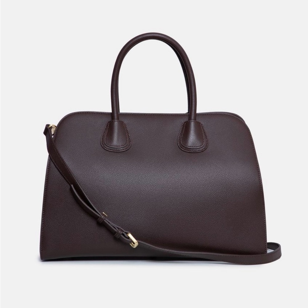 Structured Dark Brown Leather Tote with Removable Strap